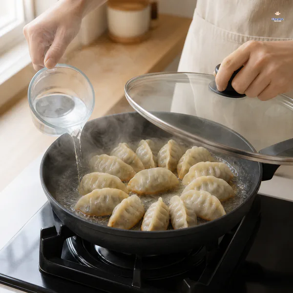 Cold water is poured around golden-edged pork-and-chive dumplings as a glass lid is lowered over the steaming skillet