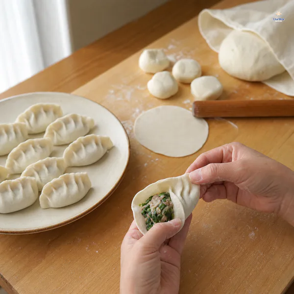 One dumpling workbench shows covered dough, cut portions, an eight-centimeter wrapper, pork-and-chive filling and neatly pleated raw dumplings