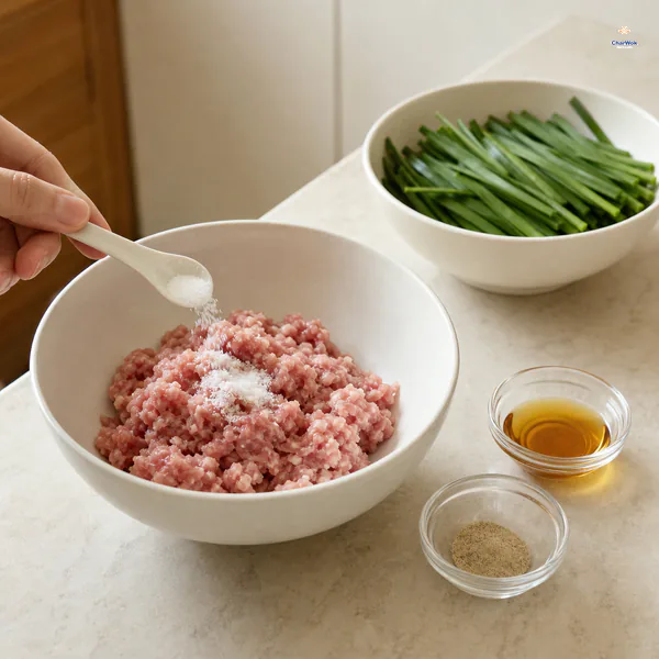 Salt is spooned over ground pork while sesame oil, ground spice and uncut Chinese garlic chives remain separate
