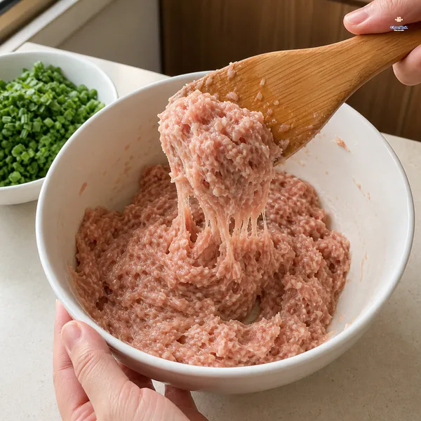 Seasoned pork filling stretches tackily from a wooden spatula with no liquid pooling in the bowl