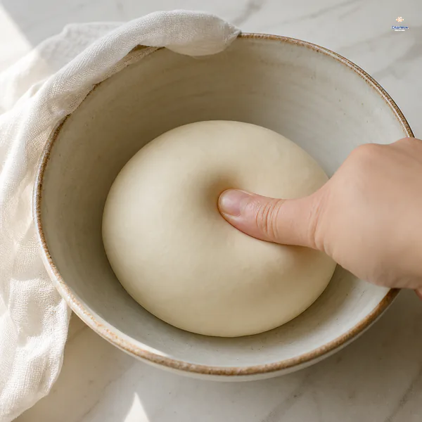 A thumb presses a shallow indentation into smooth rested dumpling dough in a cloth-covered bowl