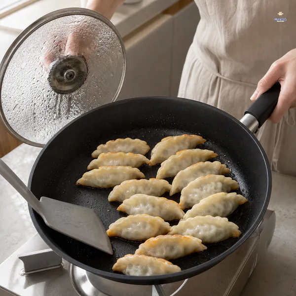A condensed glass lid is lifted from cooked dumplings in a dry lightly oiled skillet beside a thin spatula