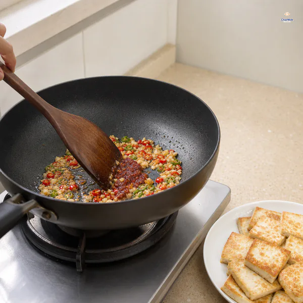 A wooden spatula presses doubanjiang into a thin oil film with pale garlic, ginger and chopped fresh chilies while golden tofu waits on a plate
