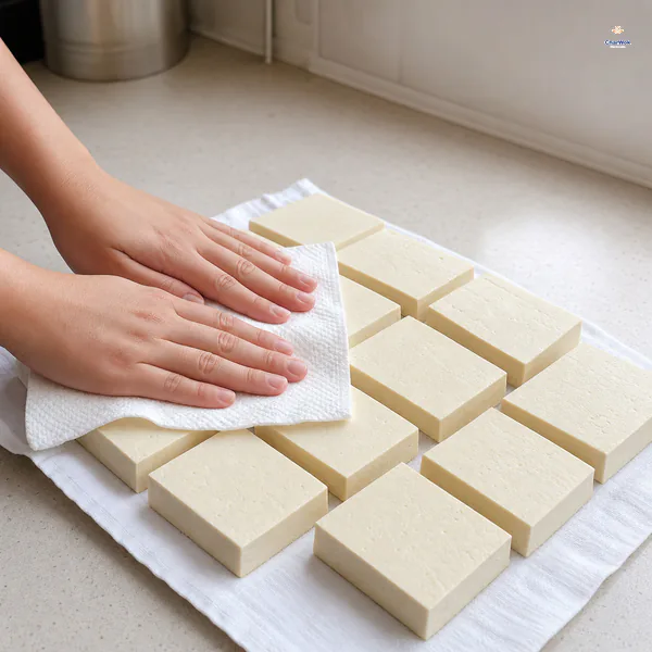 Hands press a clean towel over medium-firm tofu squares cut about one and a half centimeters thick
