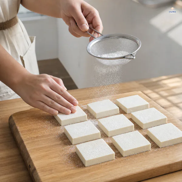 Cornstarch falls from a fine sieve in a very thin even dusting over dry tofu squares while excess powder is tapped away