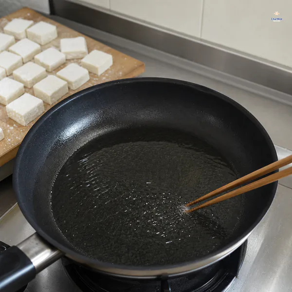 A wooden chopstick tip makes fine bubbles in a shimmering shallow film of oil while dusted tofu waits beside the skillet