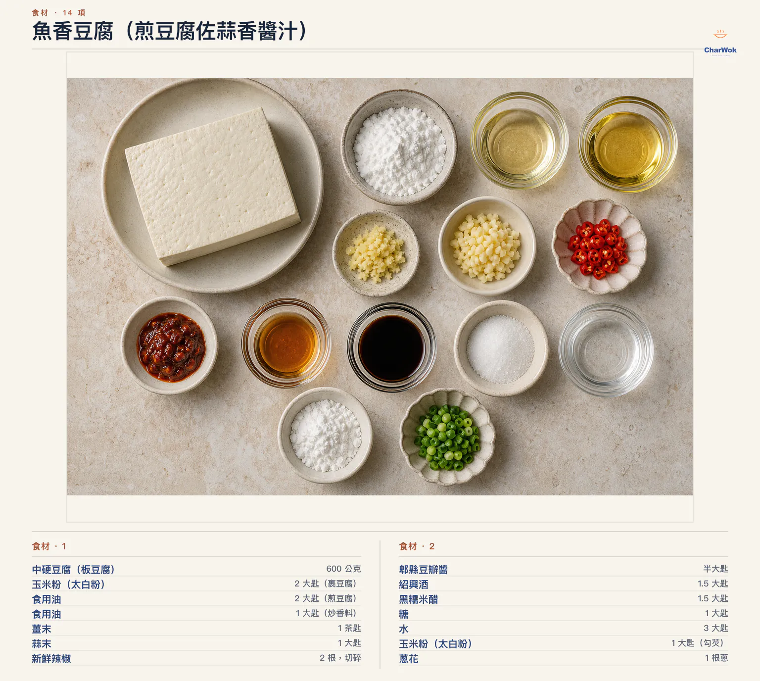 魚香豆腐(煎豆腐佐蒜香醬汁)完整食材俯拍平鋪圖