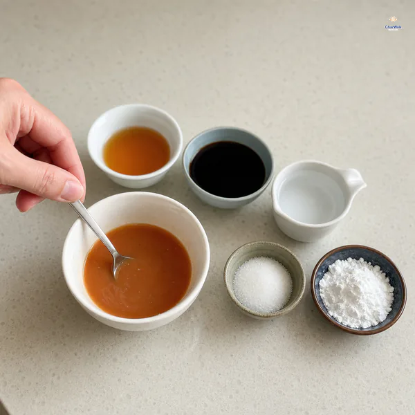 A spoon stirs a small bowl of Shaoxing wine, black rice vinegar, water, sugar and cornstarch beside the five measured components