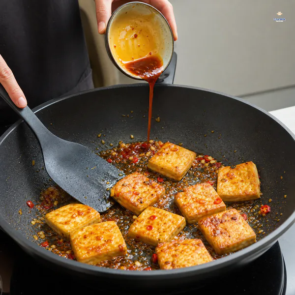 A small bowl pours the last of the fish-fragrant sauce over returned golden tofu as a broad spatula gently turns the pieces in a shallow glossy glaze