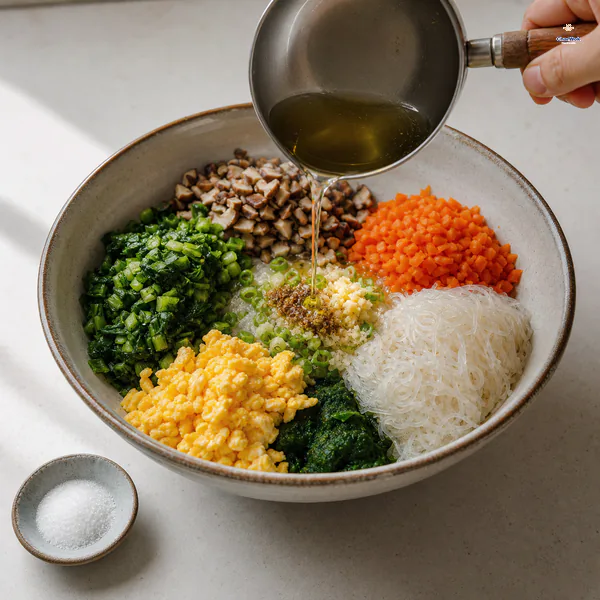 Shimmering hot oil pours onto a well of scallion, ginger and Sichuan pepper in a bowl of vegetables, egg, spinach puree and vermicelli while salt remains outside