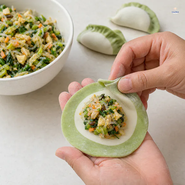 Vegetable, mushroom, vermicelli and egg filling sits on the white center of a green-rimmed wrapper as fingers begin a tight pleated seal