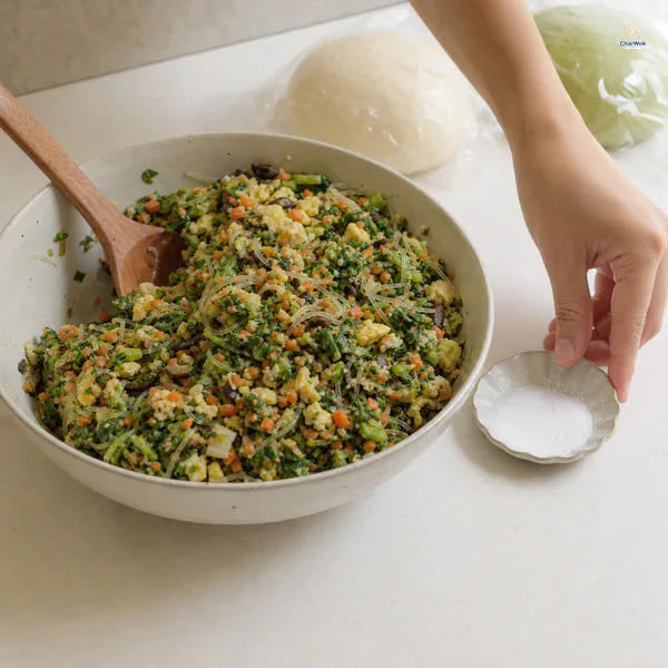 A small salt dish is moved away from the mixed vegetable filling while the white and green doughs remain covered in the background