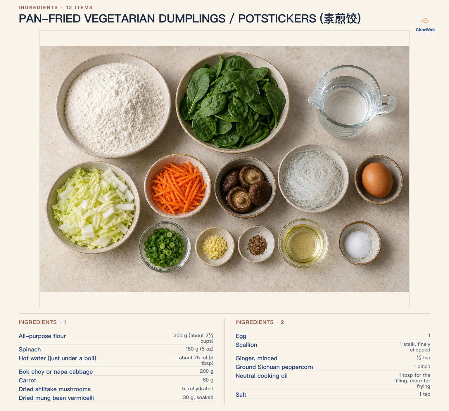 Ingredients for Pan-fried vegetarian dumplings / potstickers (素煎饺), arranged in a top-down flat lay