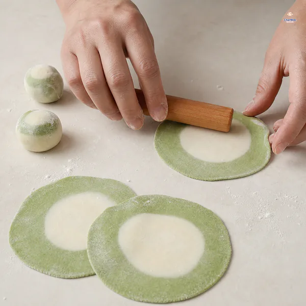 A short rolling pin thins the green rim of a round wrapper while the white center remains slightly thicker