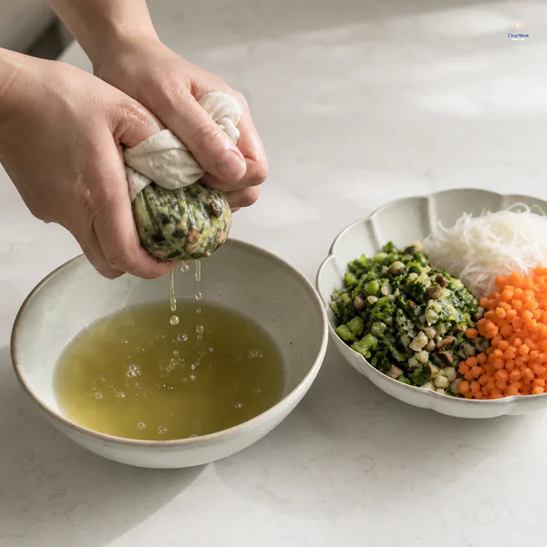 Hands squeeze minced bok choy and rehydrated shiitake in a clean cloth while carrot and soaked vermicelli wait in a bowl
