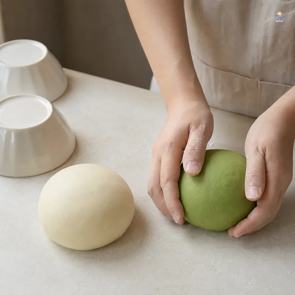 Equal smooth balls of white hot-water dough and spinach-green dough sit beside two bowls ready to cover them for resting