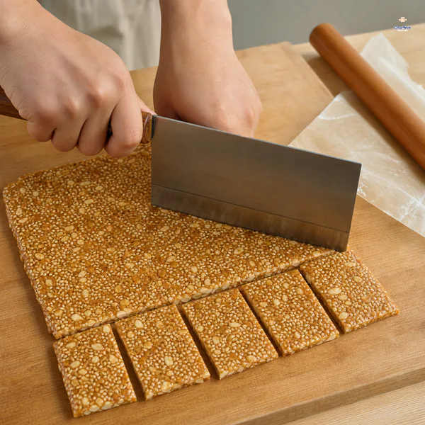 A wide bench scraper presses straight down through the still-warm thin brittle slab to form tidy peanut and white-sesame rectangles