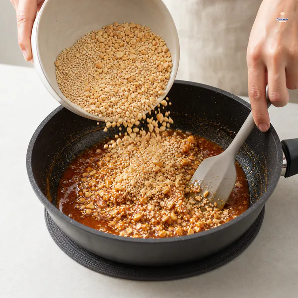 Small roasted peanut pieces and white sesame pour into deep amber syrup as a heatproof spatula begins folding them together off the heat