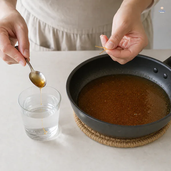 Deep amber syrup rests off the heat beside a cold-water glass while fingers snap a cooled brittle sugar thread from the hard-crack test