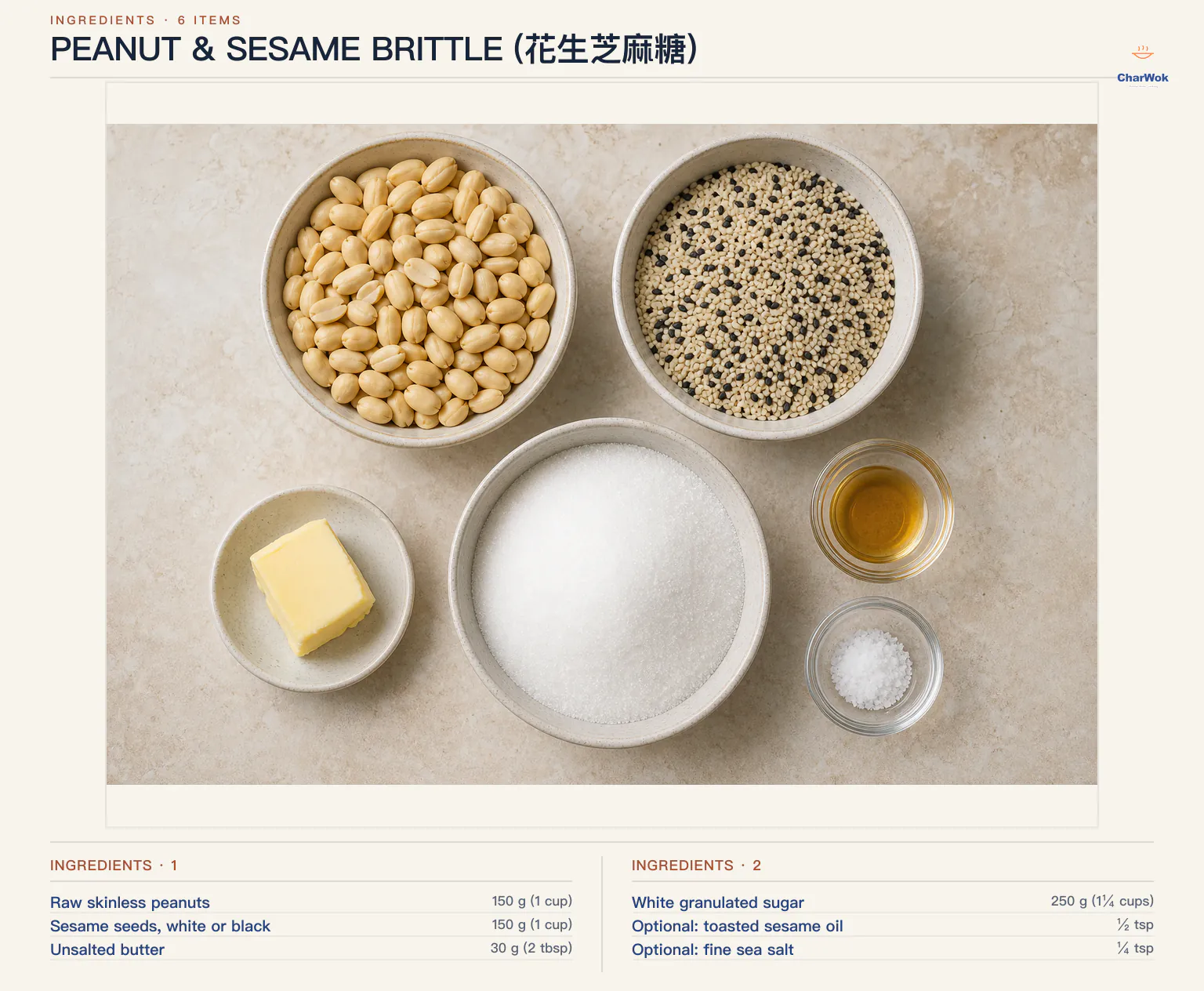 Ingredients for Peanut & Sesame Brittle (花生芝麻糖), arranged in a top-down flat lay