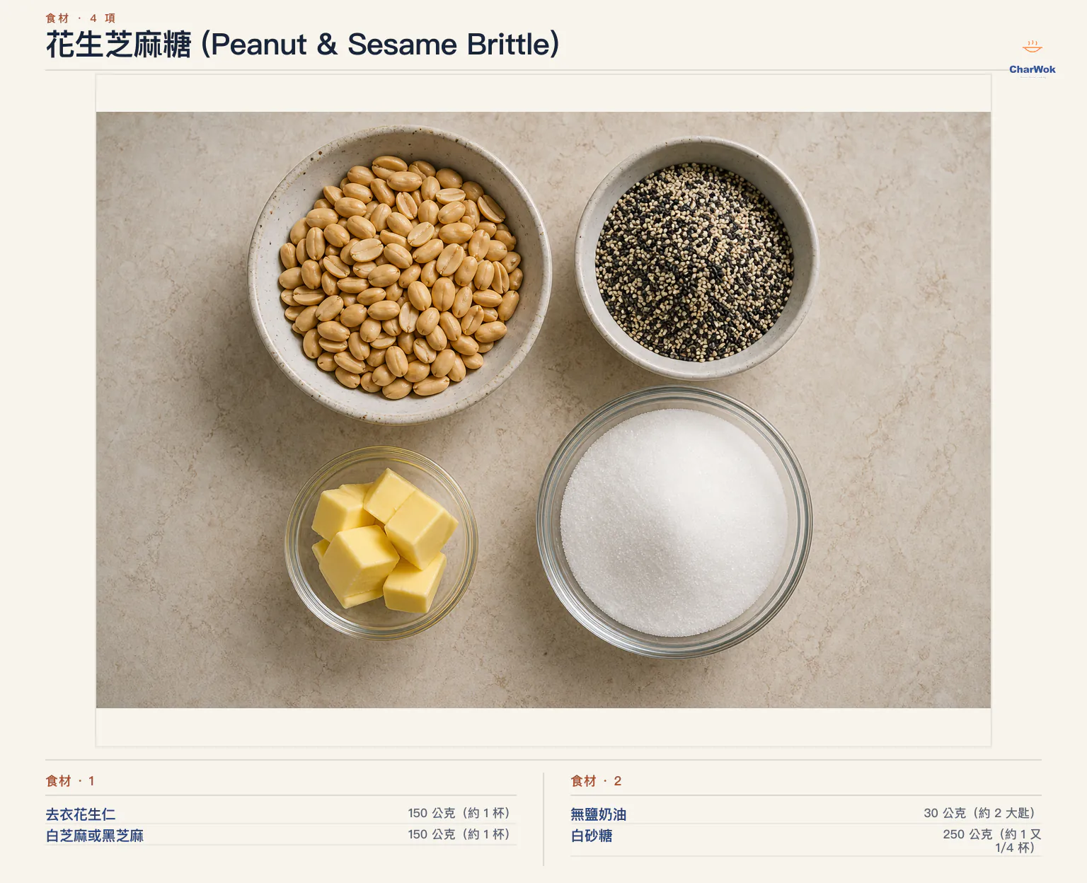 花生芝麻糖 (Peanut & Sesame Brittle)完整食材俯拍平鋪圖
