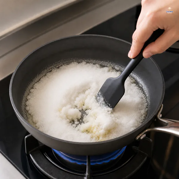 White sugar sits clumpy and opaque in a thin film of melted butter while a heatproof spatula gives it a gentle nudge over low heat