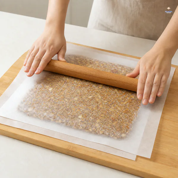 A rolling pin presses the hot peanut and white-sesame mixture between two full parchment sheets into an even thin rectangle
