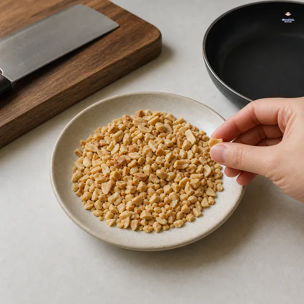 A plate holds roasted peanuts chopped into irregular dry-lentil-size pieces, with one piece pinched between fingers beside the dry pan and cleaver