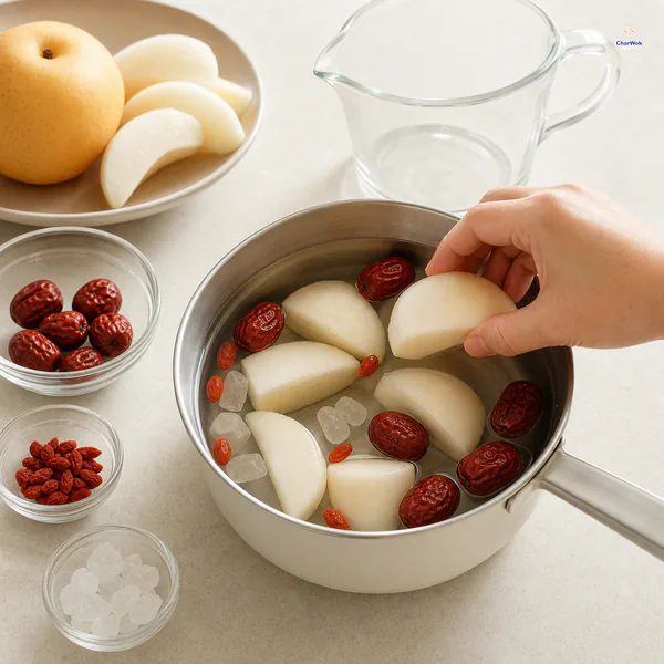 Peeled Asian pear wedges, rock sugar, pitted red dates and goji berries sit in completely still cold water in a small saucepan