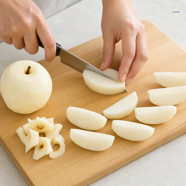 Peeled and cored Asian pear quarters are cut into even thick wedges beside the removed cores