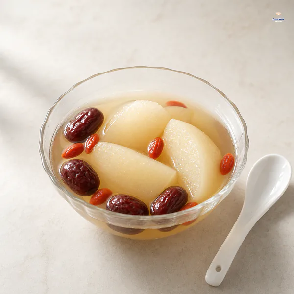 Clear golden pear broth with intact peeled pear wedges, pitted red dates and goji berries is served in a glass bowl beside a porcelain spoon