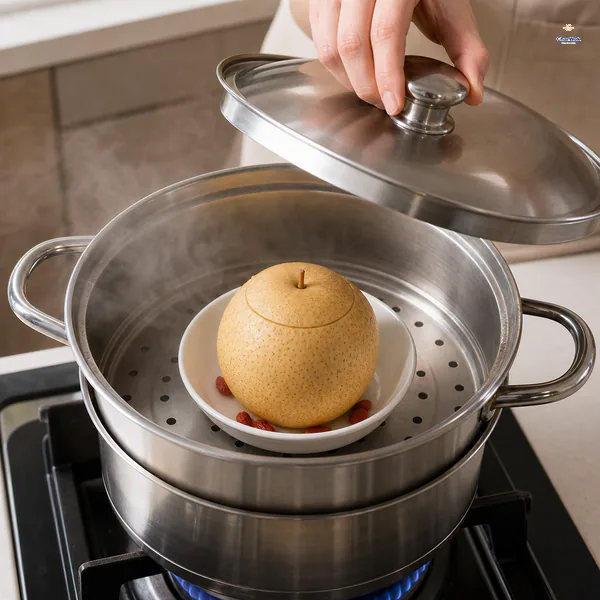 A lidded whole Asian pear stands in a heatproof bowl above the water in a metal steamer releasing steady fine steam over medium-low heat