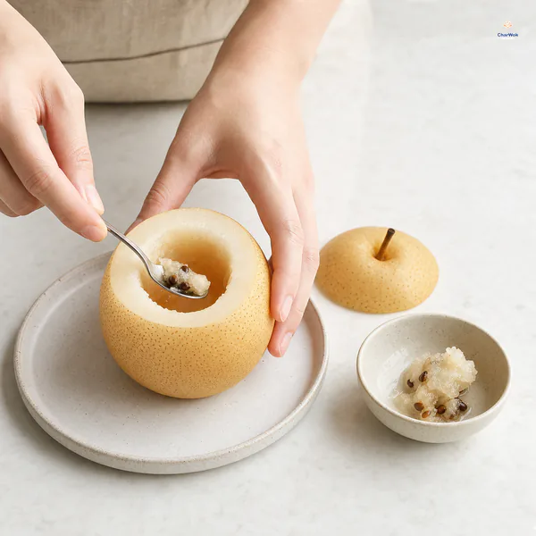 A teaspoon lifts seeds and tough core from an unpeeled Asian pear while a thick flesh wall and intact bottom remain