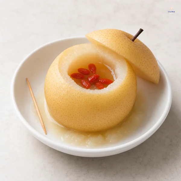 The toothpick has been removed and the lid rests open on a tender whole steamed pear filled with clear golden pear syrup and goji berries, with no red dates