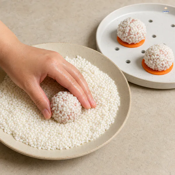 A damp palm lightly rolls one raw pork ball through drained opaque glutinous rice while two evenly coated balls wait separately on carrot slices