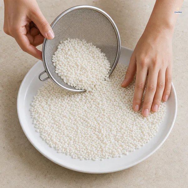 A fine-mesh sieve releases thoroughly drained soaked glutinous rice while fingertips spread the grains in one even layer across a wide plate