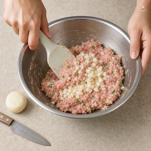 A silicone spatula gently folds small angular pieces of water chestnut into sticky seasoned pork beside one peeled whole water chestnut