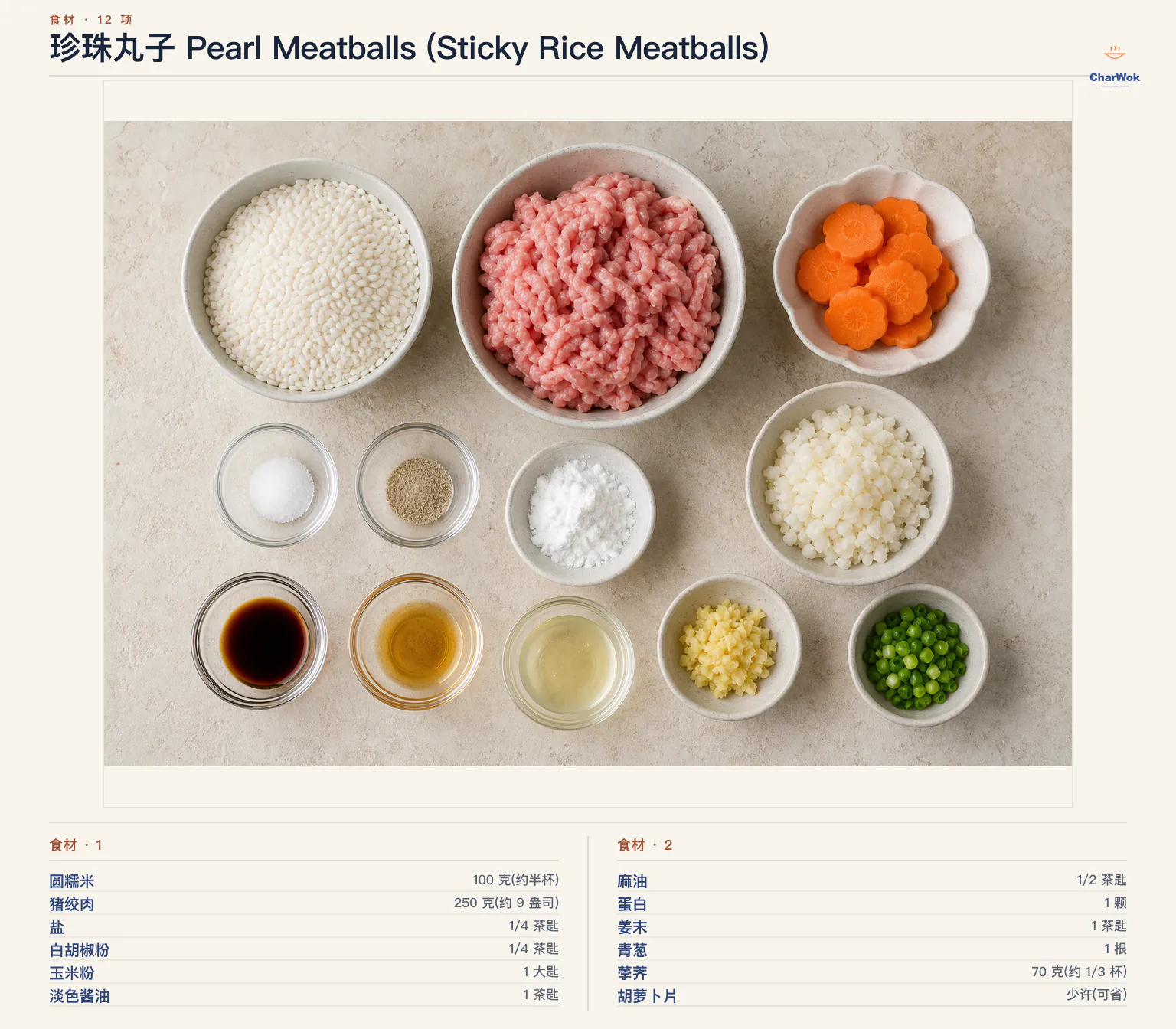 珍珠丸子 Pearl Meatballs (Sticky Rice Meatballs)完整食材俯拍平铺图