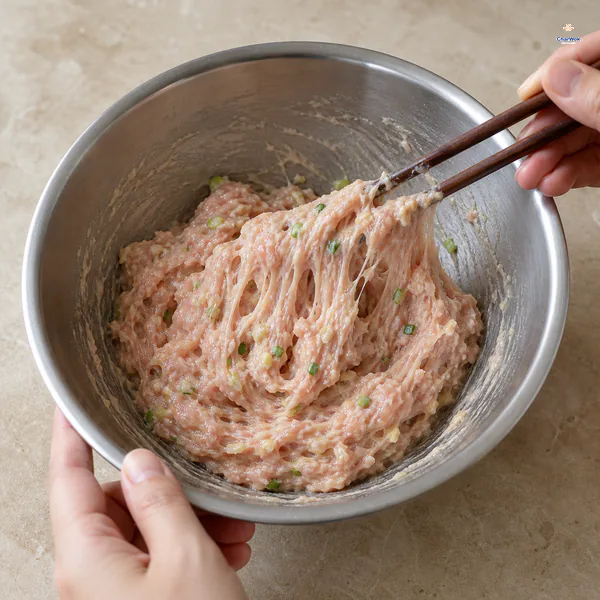 Chopsticks lift cohesive sticky strands from seasoned raw pork filling flecked with ginger and scallion in a stainless-steel bowl