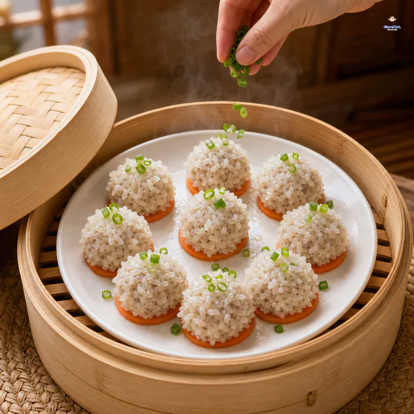 A hand scatters sliced scallion over nine fully cooked pearl meatballs with glossy translucent rice on carrot slices in an open bamboo steamer