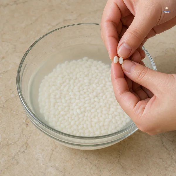 Fingertips split one plump soaked glutinous-rice grain cleanly above a glass bowl where the remaining rice is fully submerged in cold water