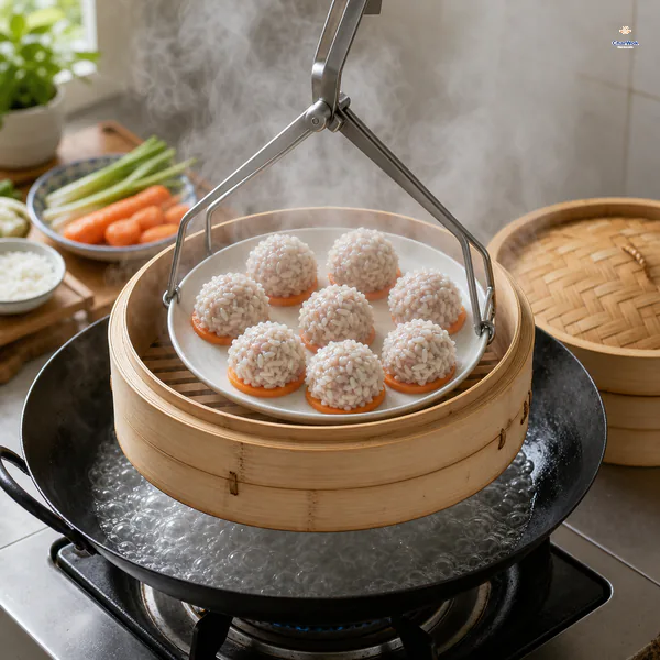 A metal plate lifter safely lowers eight raw rice-coated meatballs on carrot slices into a bamboo steamer above vigorously boiling water