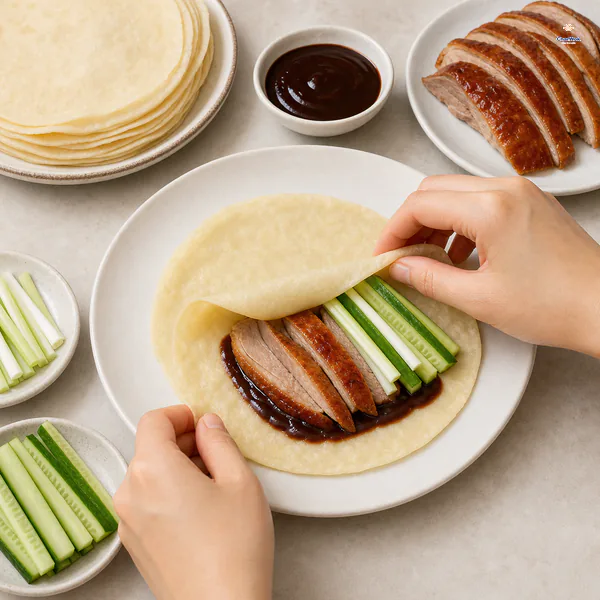 Hands fold a thin pancake around sweet bean sauce, crisp-skinned duck slices, scallion batons and seeded cucumber sticks