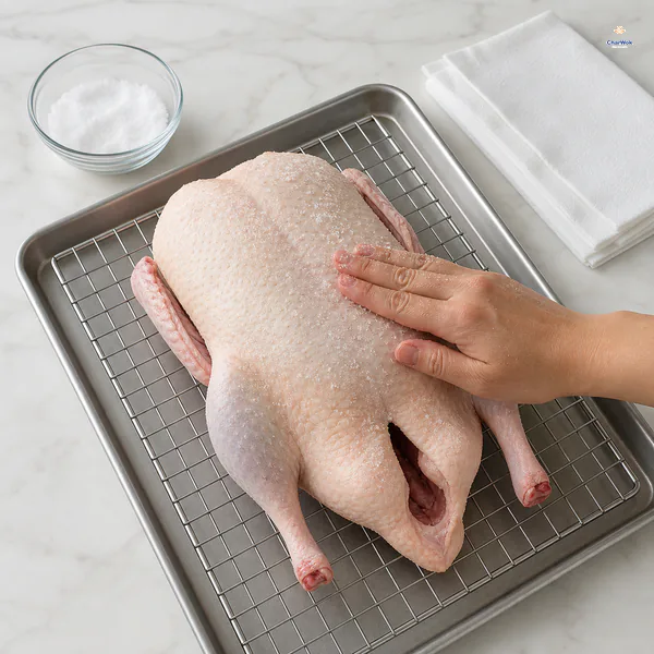Fine salt is rubbed over a completely dry whole raw duck on a wire rack over a rimmed tray
