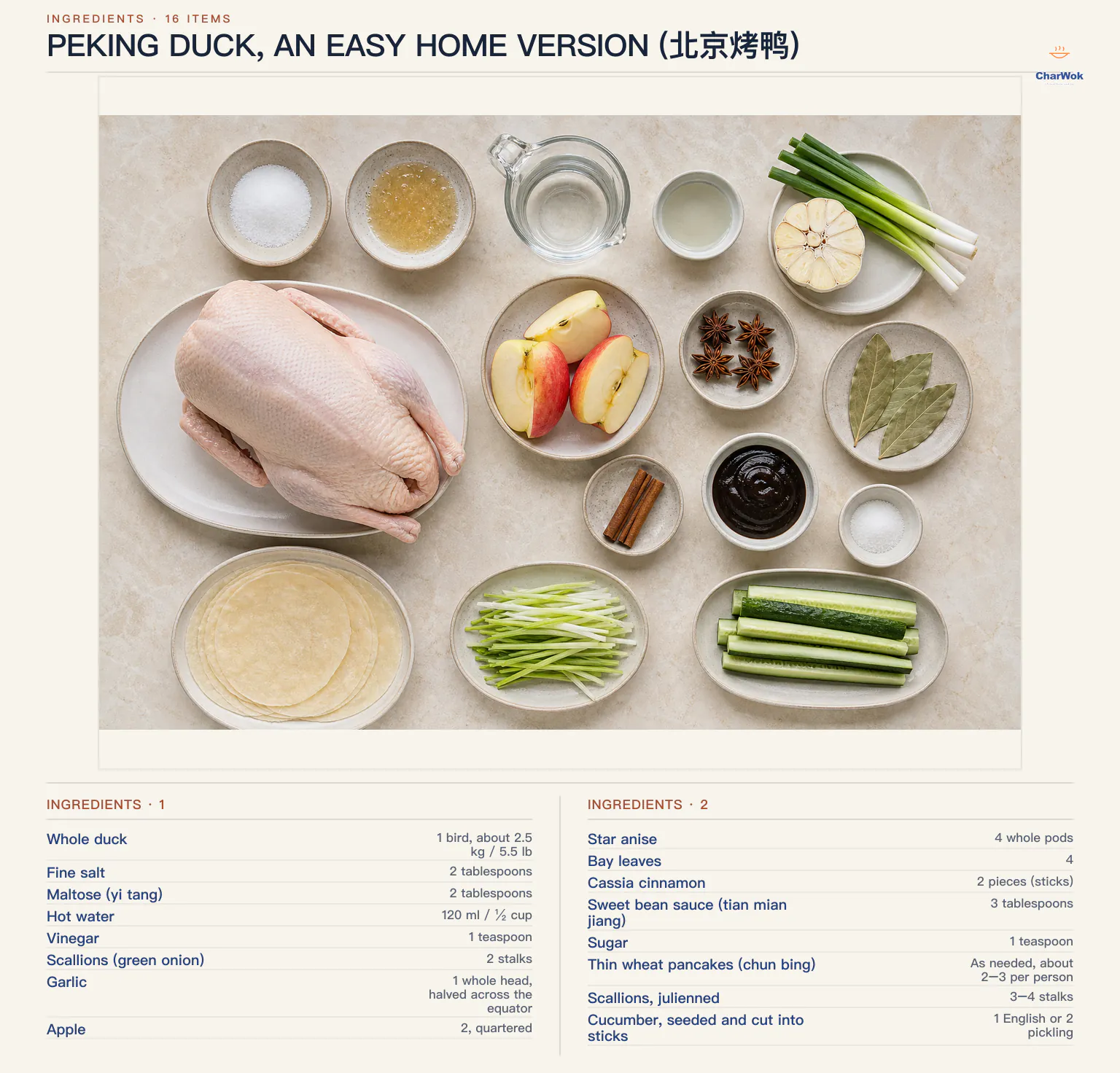 Ingredients for Peking Duck, An Easy Home Version (北京烤鸭), arranged in a top-down flat lay