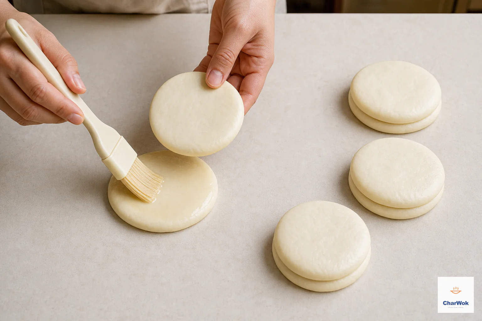A thin film of neutral oil is brushed onto one dough disk as a second matching disk is held above it, with completed two-disk pairs nearby