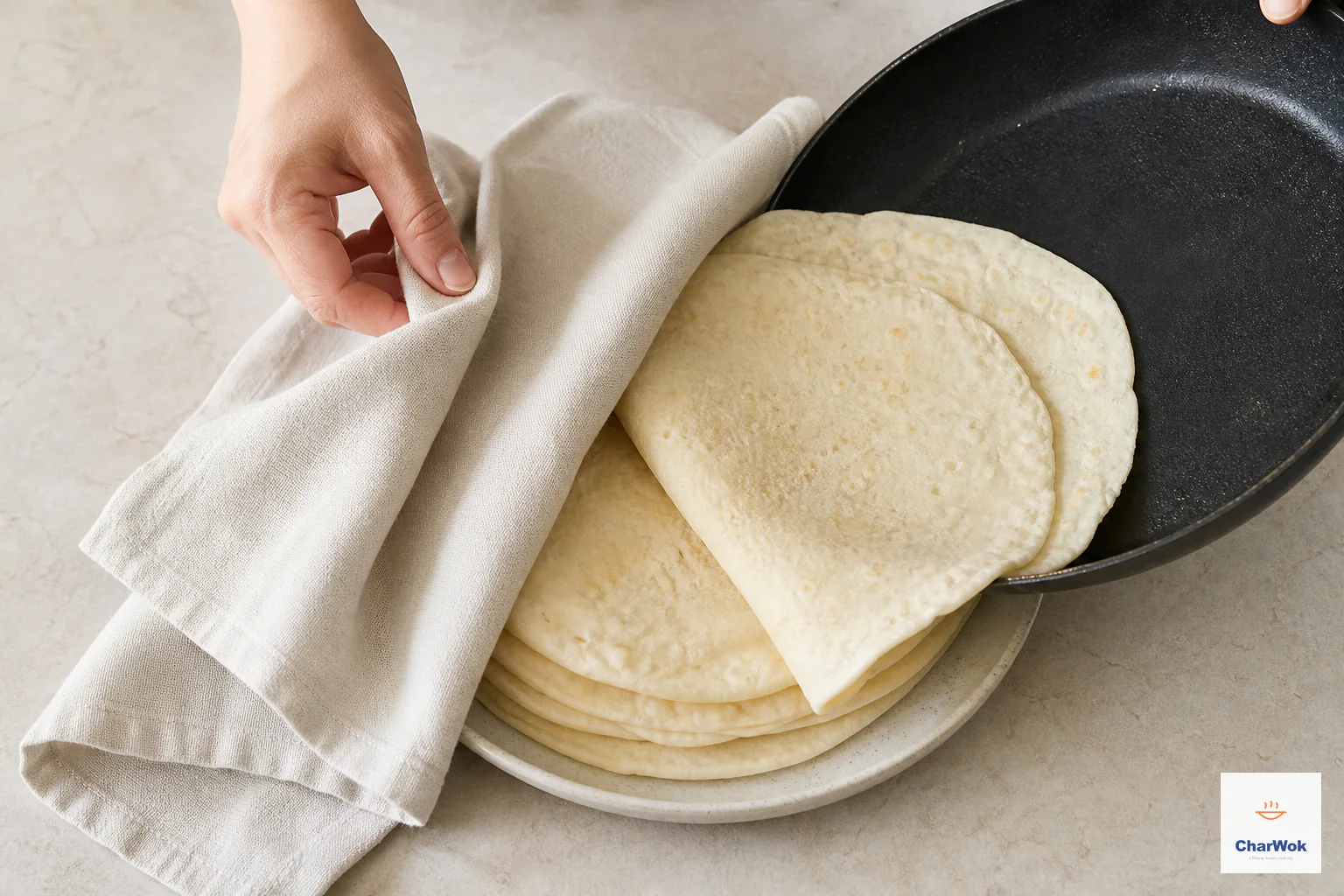 A freshly cooked paired pancake slides onto a plate of pale soft pancakes as a neutral cloth is folded over the stack