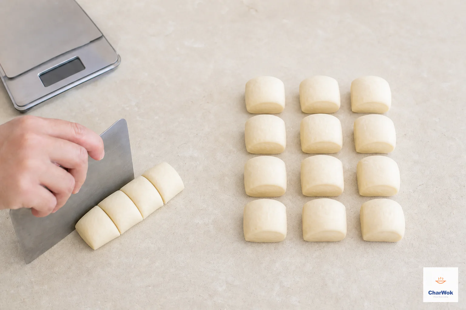 Twelve equal dough pieces sit in a grid beside a short cylinder cut into four more portions, making sixteen in total