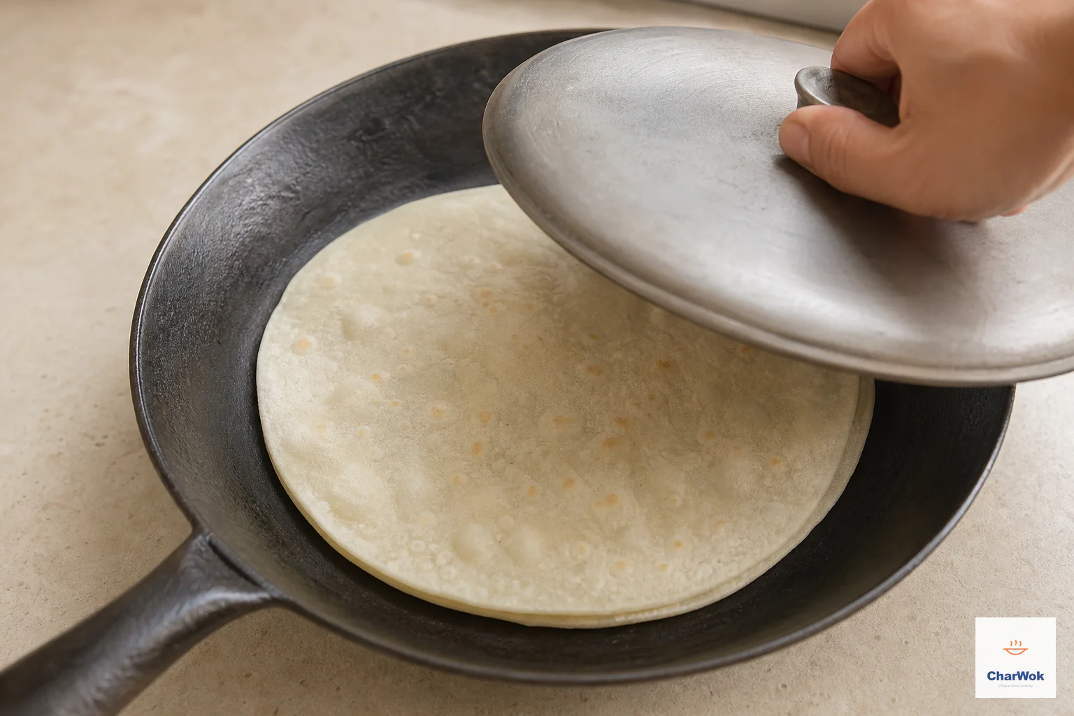 A lid lifts from a dry skillet to reveal a thin paired pancake with small steam bubbles and a few very light tan spots