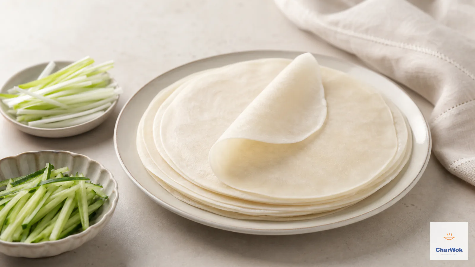 Thin soft Peking duck spring pancakes stacked beside julienned cucumber and scallion